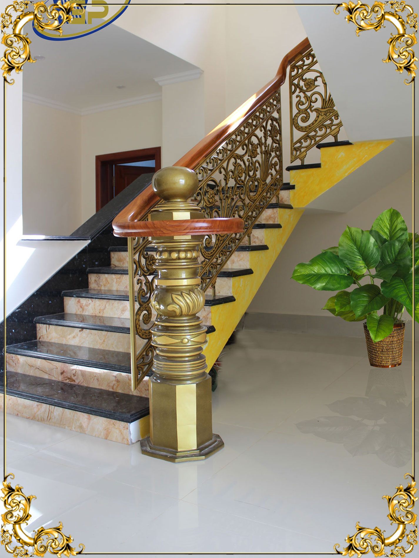 Cầu thang nhôm đúc hoa hồng